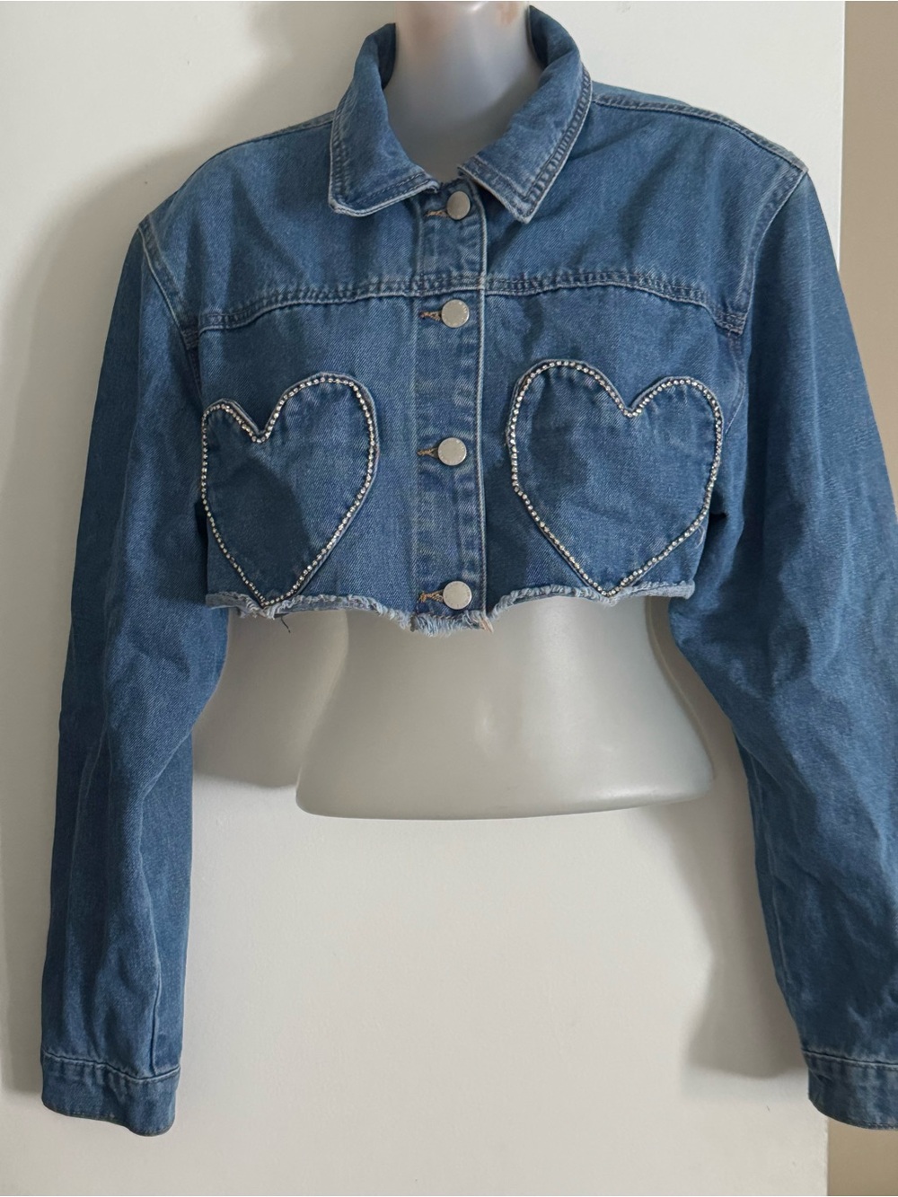SHEIN Blue Cropped Denim Jacket with Heart Patch Details
